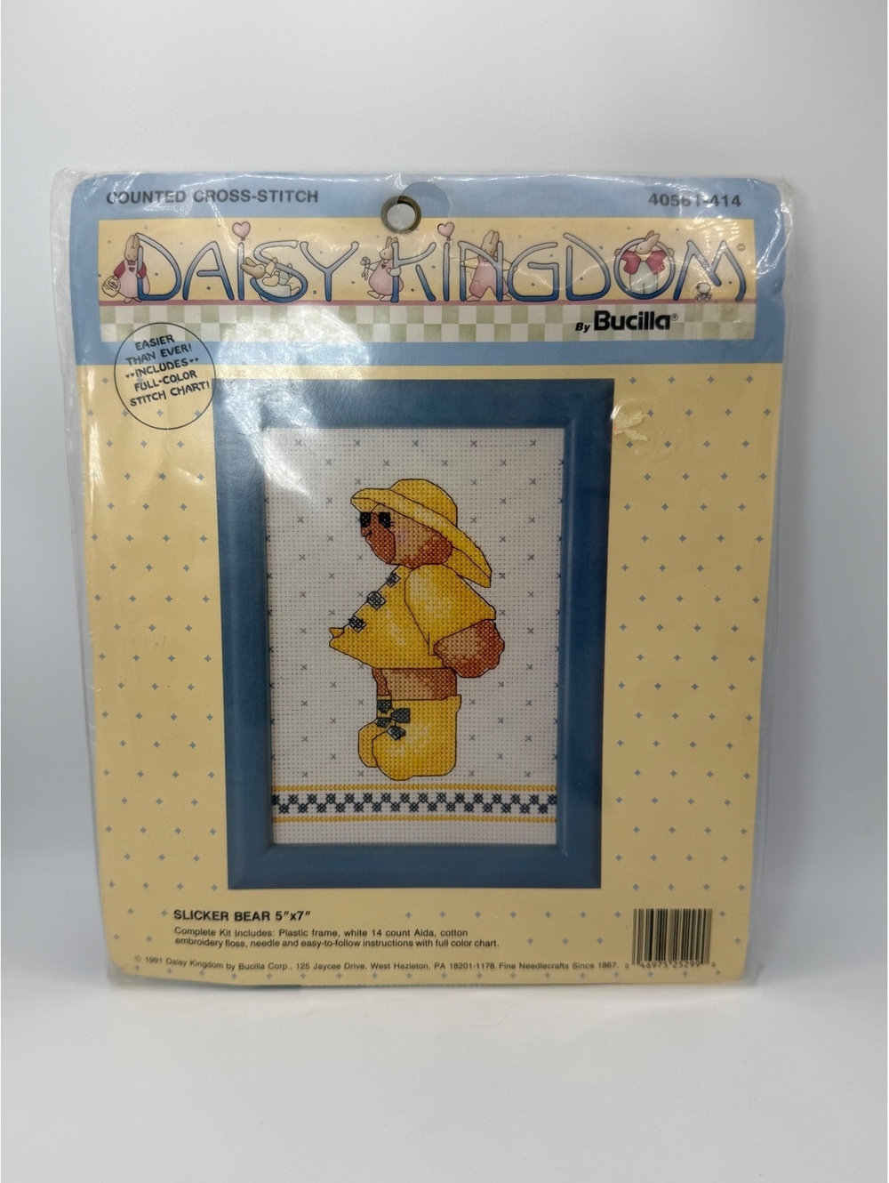 Vintage Bucilla Baby Kingdom Slicker Bear Counted Cross Stitch Kit